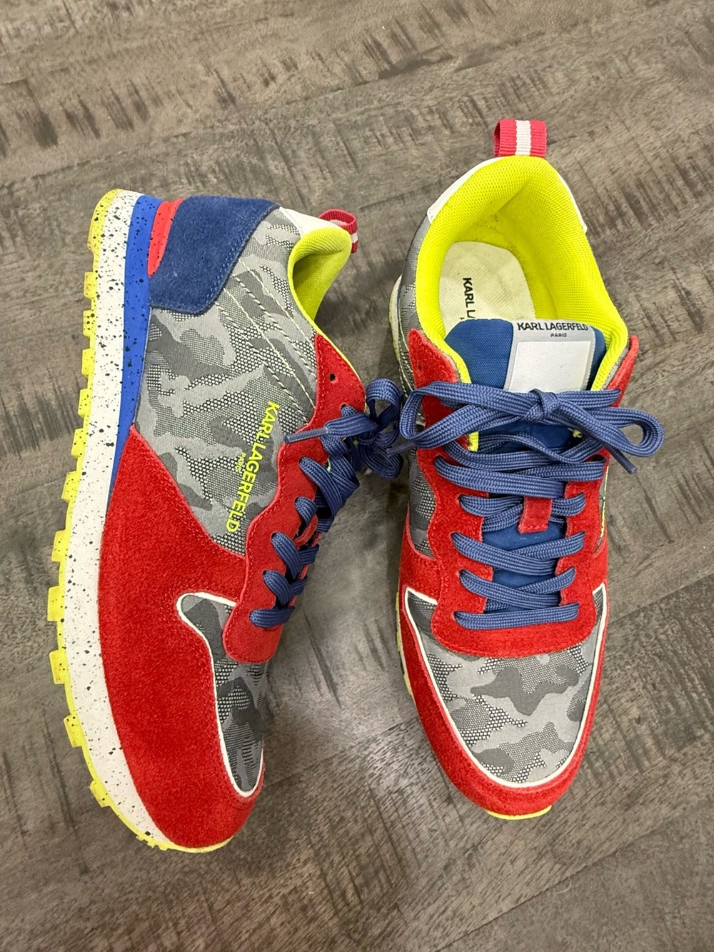 Karl Lagerfeld MEN’S Red, Blue & Yellow Suede Camouflage Sneakers